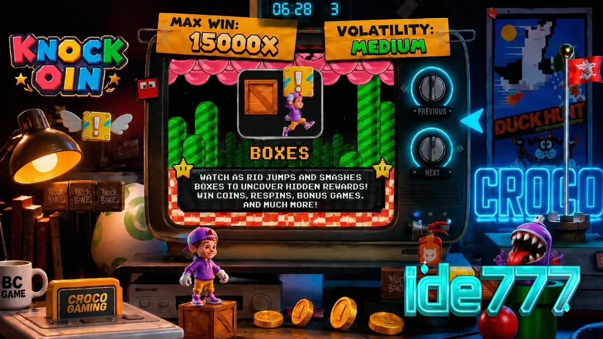 Tampilan visual retro 8-bit dari slot KNOCKOIN dengan karakter Rio